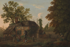 Hop Pickers Outside a Cottage