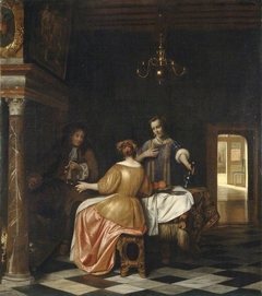 Interior with a gentleman and two ladies conversing by Pieter de Hooch