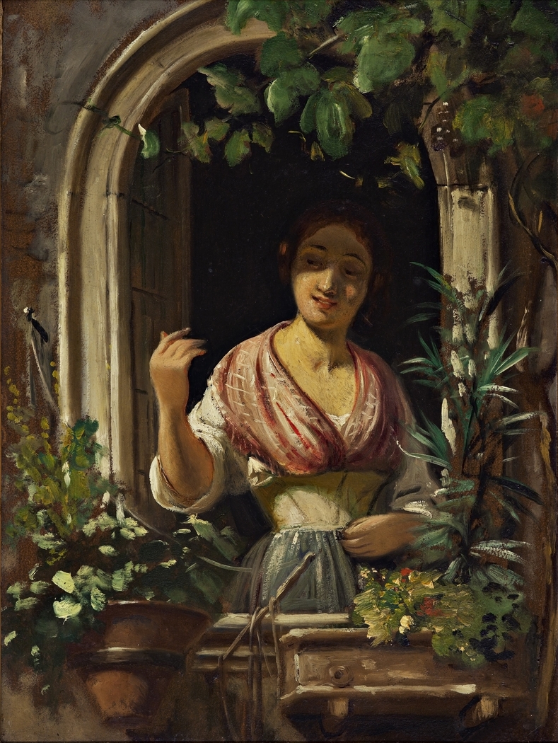 Italian woman waving from a window