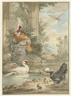 Kalkoen en andere vogels bij klassieke ruïnes in een park by Aert Schouman