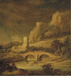 Landscape with a bridge and a castle by Jacob de Villeers