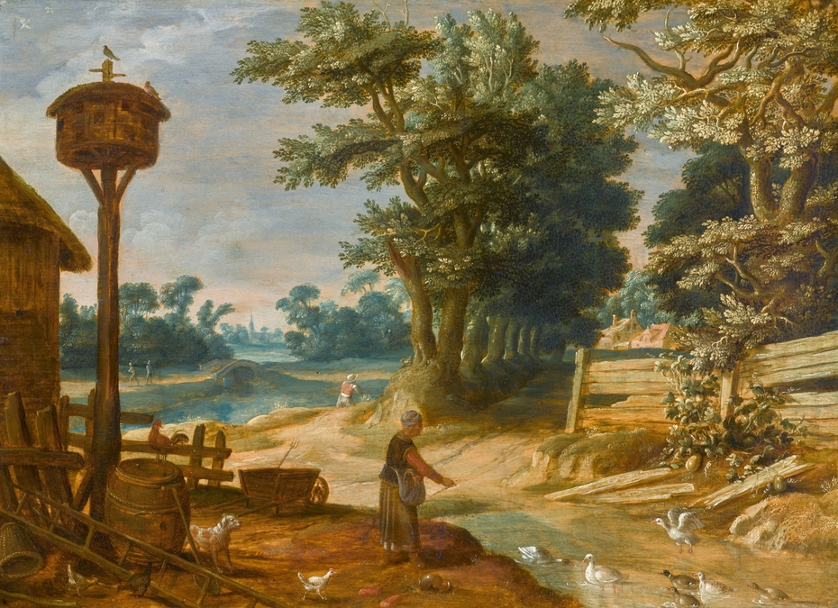 Landscape with a peasant woman feeding ducks