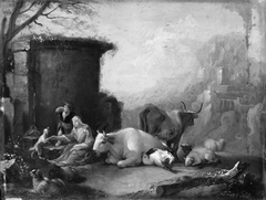 Landscape with Cattle, the Shepherdess Playing with a Dog by Johann Heinrich Roos