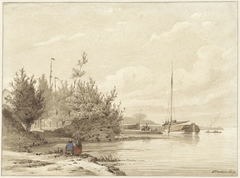 Landschap met gemeerde boten aan een rivieroever by Lambertus Hardenberg 1744