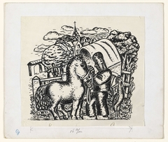 Man met paard en wagen met op de achtergrond een dorpje by Leo Gestel