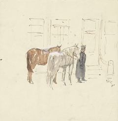 Man met twee paarden voor een gebouw by Adolf le Comte