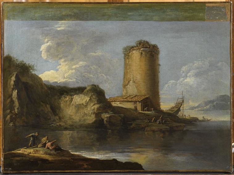 Paysage avec une tour et une barque en construction