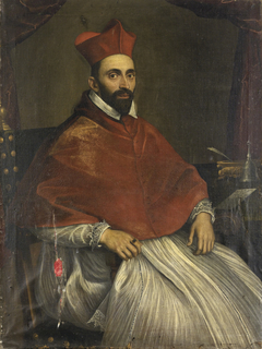 Portrait of Cardinal Ghislieri, in armchair, near a desk by the school of Domenichino