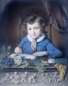 Portret van een jongen, zittend in een raamnis en gekleed in een blauw jasje by Unknown Artist