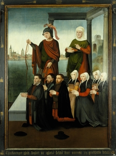 Rechterluik van het drieluik van de schuitenvoerders in de Sint Jacobskerk te Utrecht, met stichtersfiguren en heiligen by Anoniem Noord-Nederlands