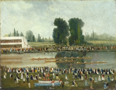 Rowing Scene: Crowds Watching from the River Banks