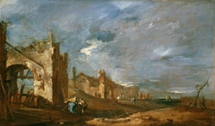 Ruined Buildings and Figures at the Edge of the Lagoon by Francesco Guardi