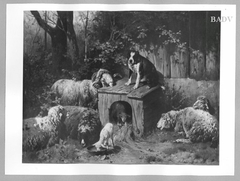 Schafe mit Hund vor einer Hundehütte by Friedrich Otto Gebler