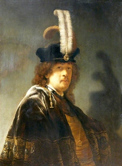 Self-portrait wearing a white feathered bonnet by Rembrandt