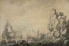 Ships and Militia by a Rocky Shore by Willem van de Velde the Elder