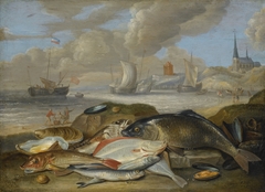 Still life of fish in a harbor landscape, possibly an allegory of the element of water by Jan van Kessel the Elder