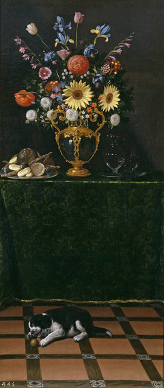 Still Life with a Vase of Flowers and a Puppy