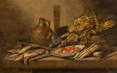 Still life with cat, fish, asparagus, a bowl of strawberries, and a stone jar on a table