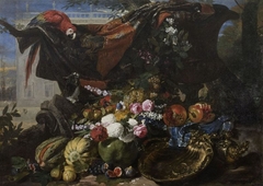 Still life with fighting cat and parrot