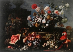 Still-life with flowers and fruits