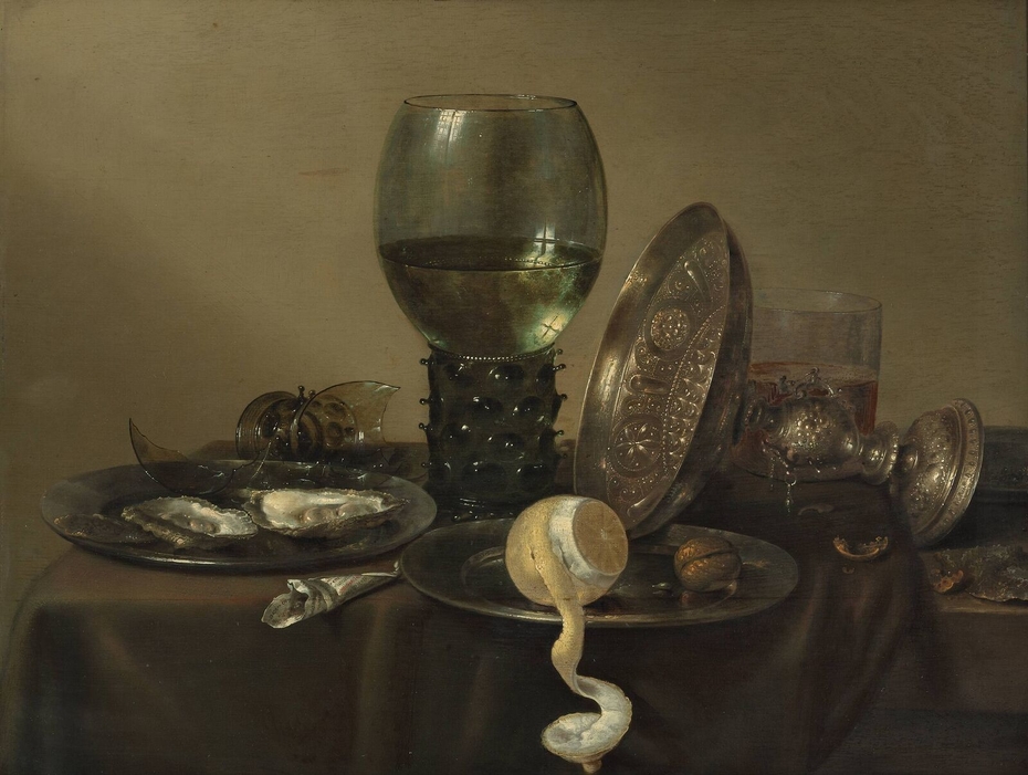 Still life with oysters, a rummer, a lemon and a silver bowl