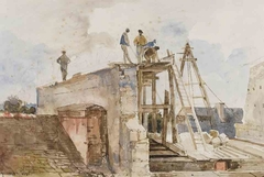 Travaux de construction sur un toit, vue d’une fenêtre by François Marius Granet