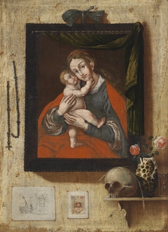 Trompe-l'œil Painting with a Miraculous Image of Mary, a Skull and Wall Mounted Engravings