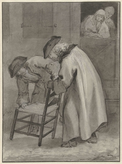 Twee mannen met steek op bekijken een matten stoel by Jacob de Wit