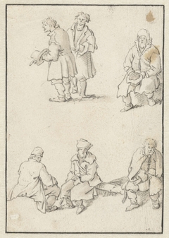 Twee staande en vier zittende mannen by Herman Saftleven