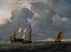 Two Dutch vessels and a flagship under sail in a harbour by Ludolf Bakhuizen