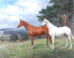 Two Horses in a Landscape: a Chestnut and a Grey Hunter by Evelyn Blacklock