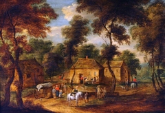 Village Scene with Peasants by Frans van Oosten