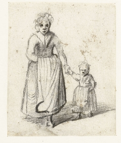 Vrouw lopend met een kind, van voren by Harmen ter Borch