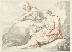 Vrouw met een kruik in gesprek met een man by Jacob Toorenvliet