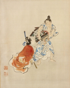 Warrior with Armor Turning to Face a Kneeling Woman Holding His Sword by Mori Kansai