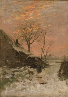 Winterlandschap (Boerderij met vrouw en hond in de sneeuw)