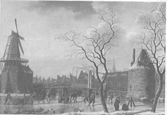Winters gezicht op de Catharijnebrug te Haarlem by Isaac Ouwater