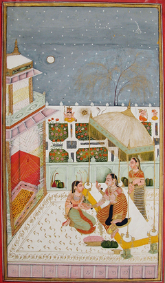 Woman on a garden terrace at night, attended by two maids by Anonymous