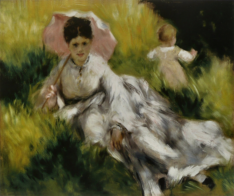 Woman with a Parasol and Small Child on a Sunlit Hillside