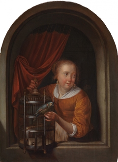 Young Woman in a Niche with a Parrot and a Cage