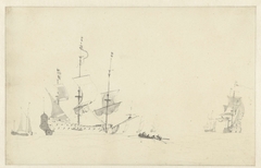 Zeegezicht met een roeiboot bij een fregat by Willem van de Velde II