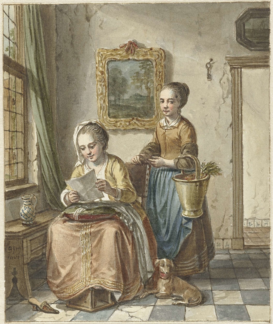 Zittende vrouw met dienstmeid, een brief lezend